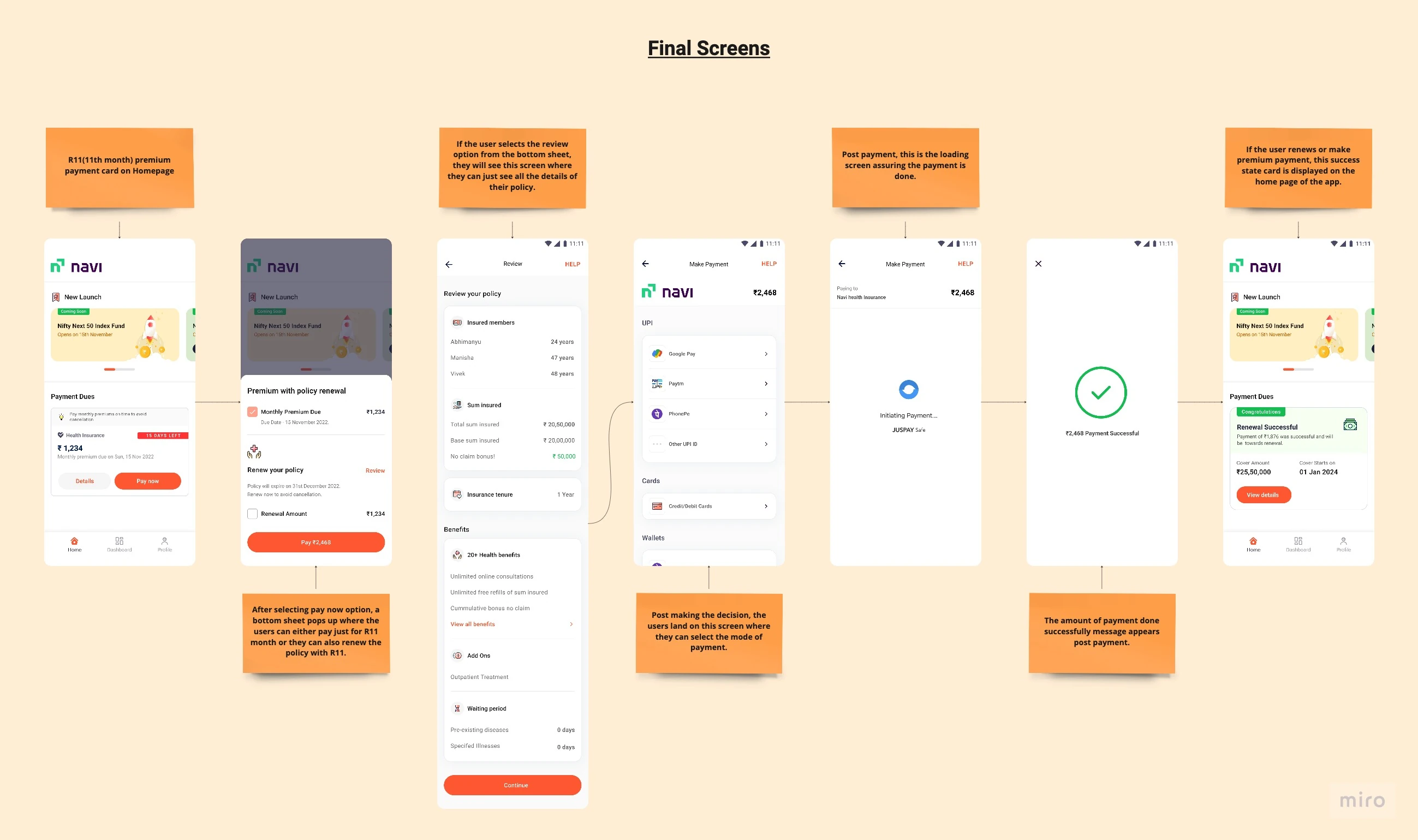 Final shipped design — the Navi health insurance renewal experience